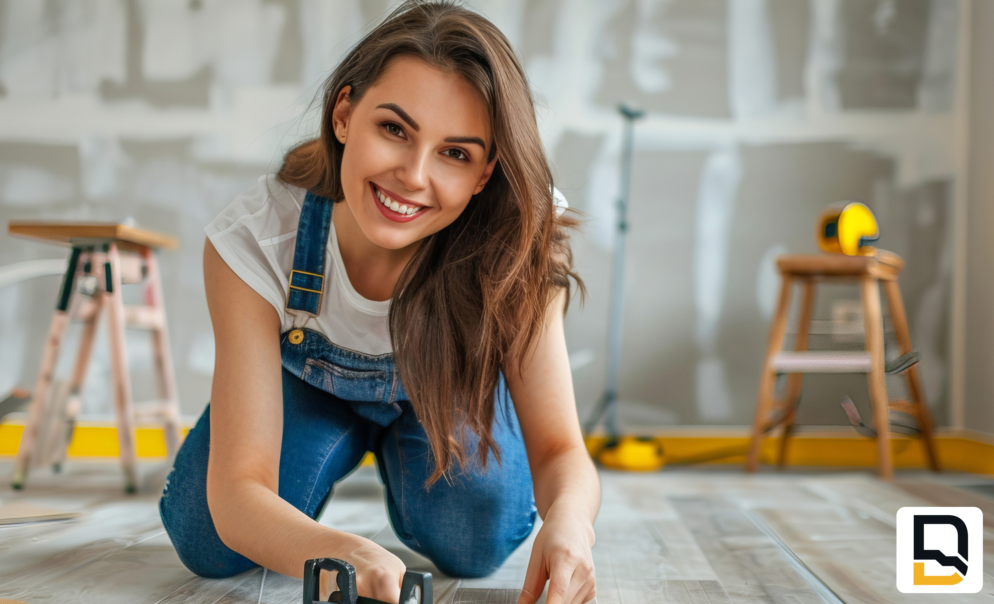 Woman wearing overalls on her hands and knees repairing floor