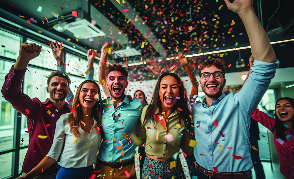Coworkers celebrating with confetti in office