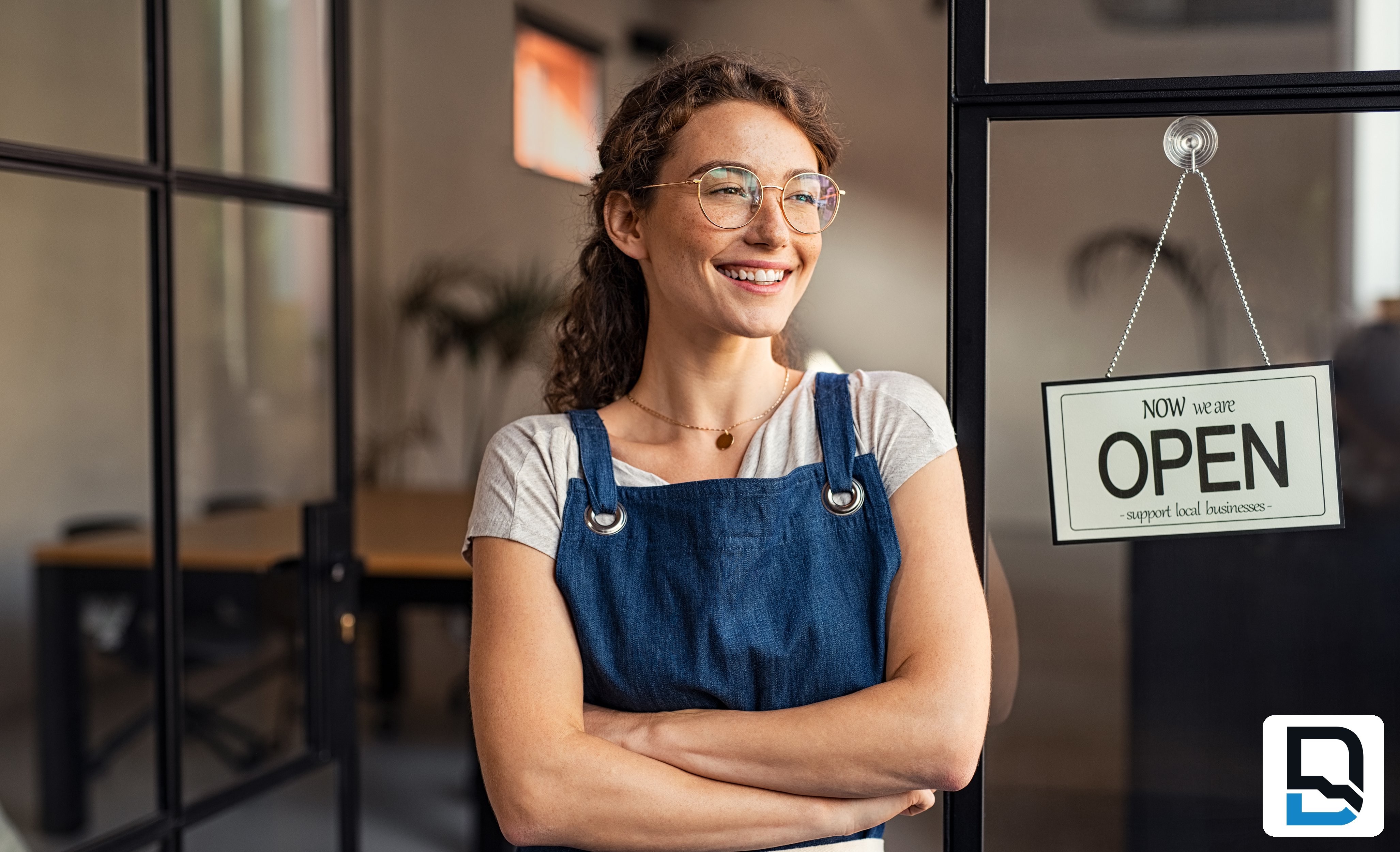 Smiling brunette woman standing in the doorway next to open sign